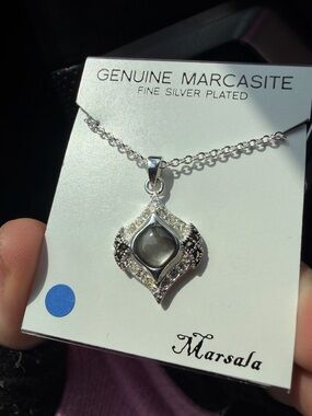 Marsala Silver-Plated Marcasite Necklace with Gray Stone